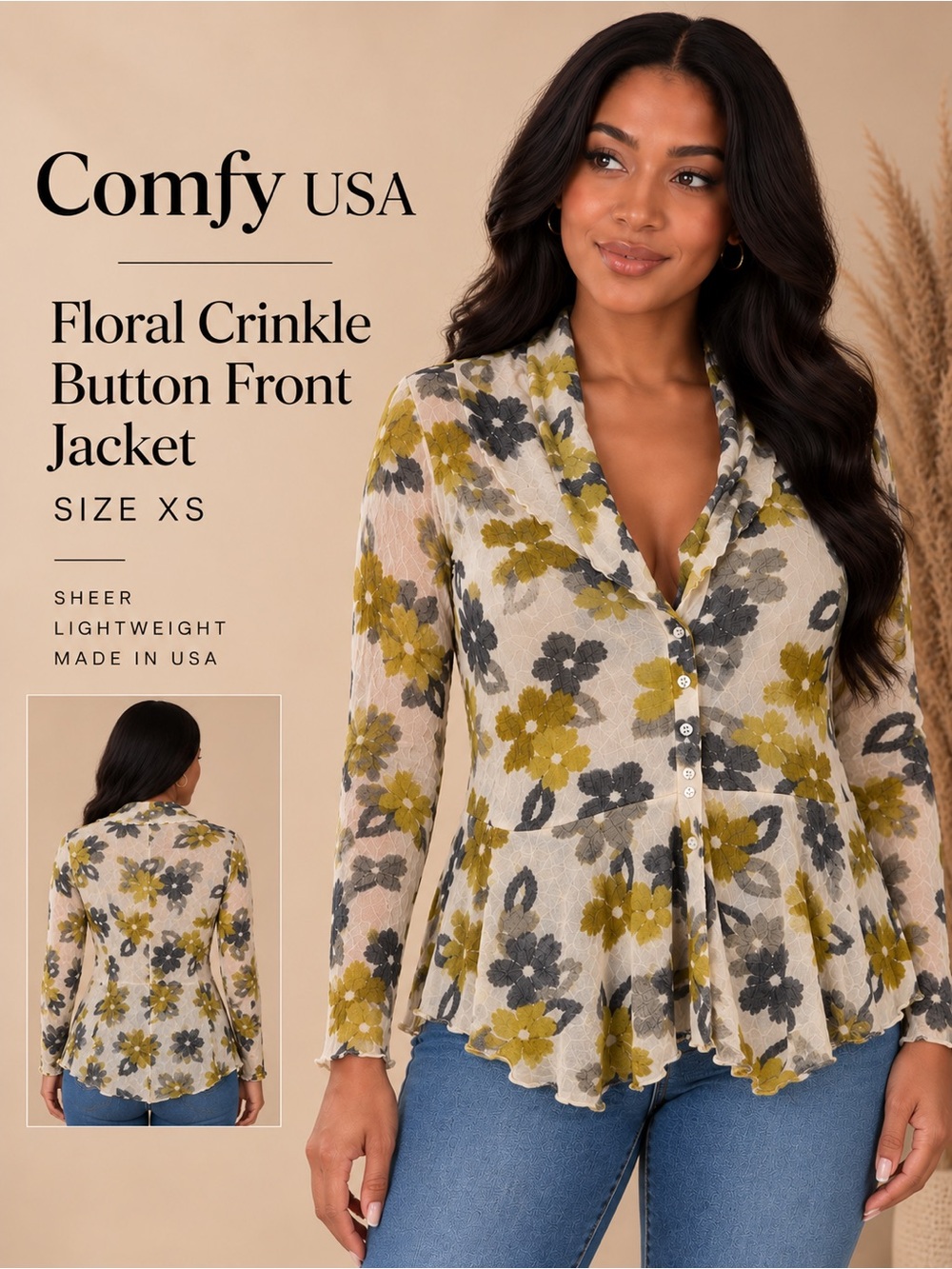 Comfy USA Floral Crinkle Mesh Button Front Jacket Top XS Made in USA